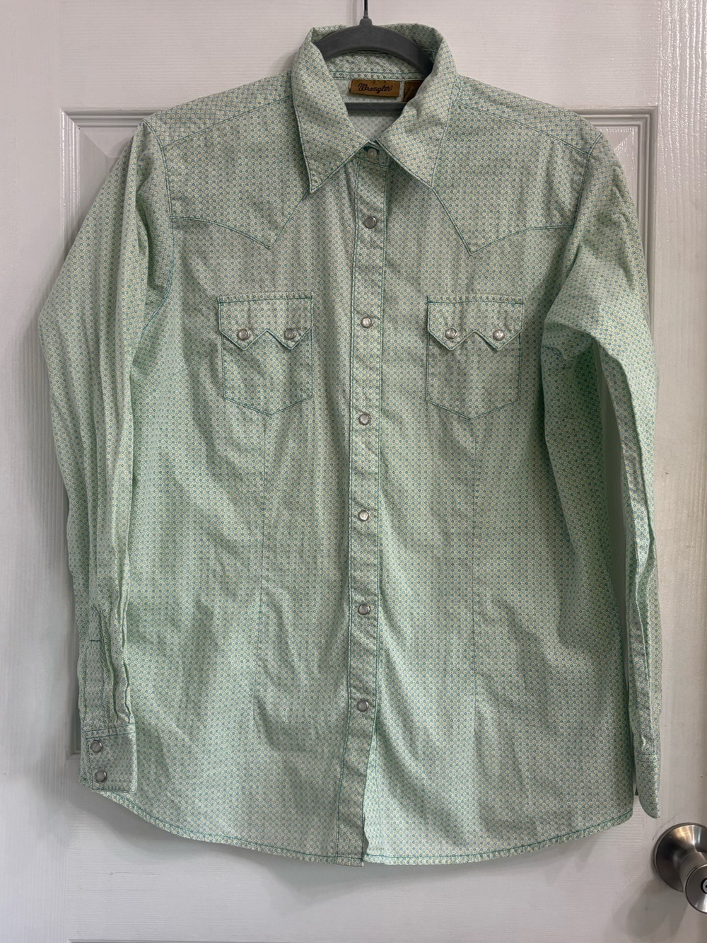 Wrangler Mint Green Western Pearl Snap Button Up Shirt Medium Rodeo Cowgirl